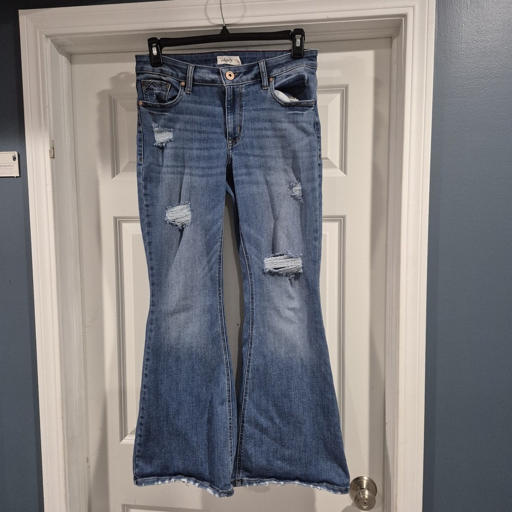 Maurices Edgely Jeans Womens 12 Flare Mid Rise Distressed Stretch Boho Festival